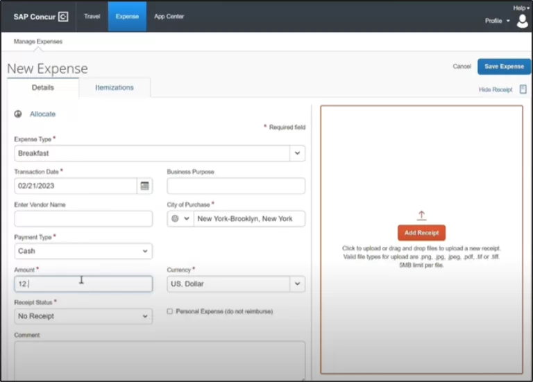 Adding an expense in Concur: